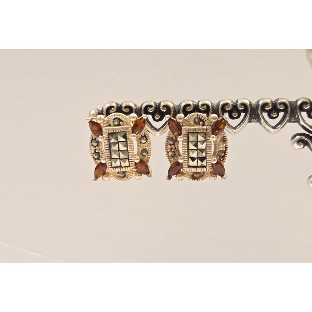 Vintage Sterling Silver Garnet Marcasite Art Deco Inspired Earrings 1950s